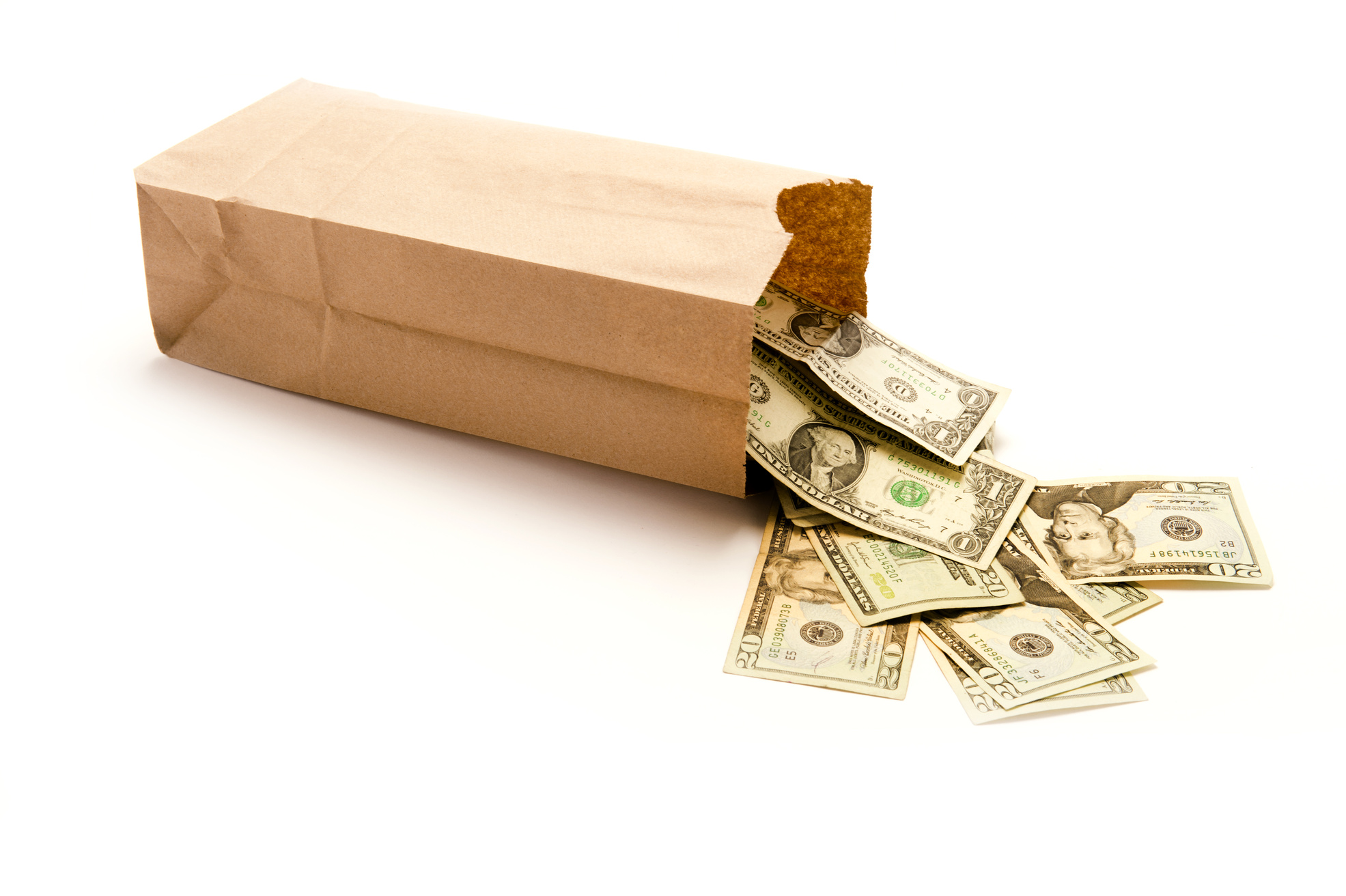 Brown paper bag with money
